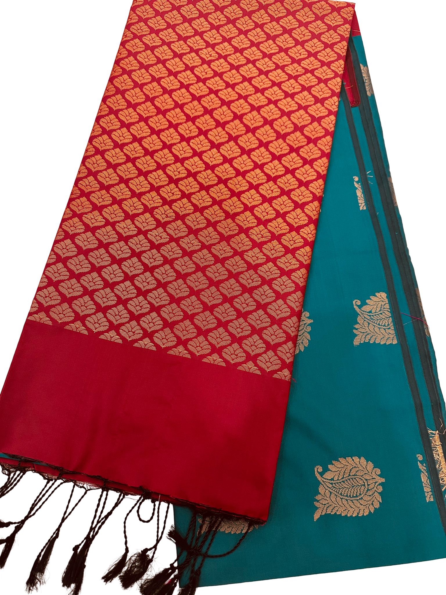 Teal Green Silk Saree with Red Zari Border, Kanchipuram Style Saree, Traditional Indian Wedding Saree, Paisley Butta, Festive Party Wear - Image 3