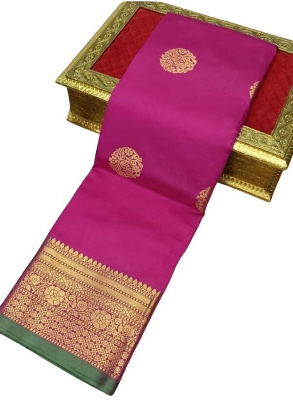 Warm Silk Saree with Zari Border, Kanjeevaram Style - Rani Pink, Sky Blue, Navy Blue, Maroon, Purple Variations - Image 7