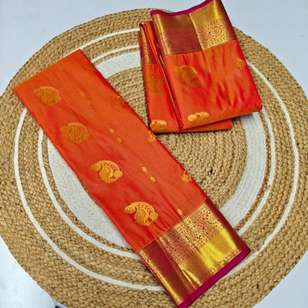 Rust Orange Kanchipuram Semi Silk Saree with Purple Border | Bridal Wedding Saree | Traditional Zari Saree | Festive Party Wear - Image 2