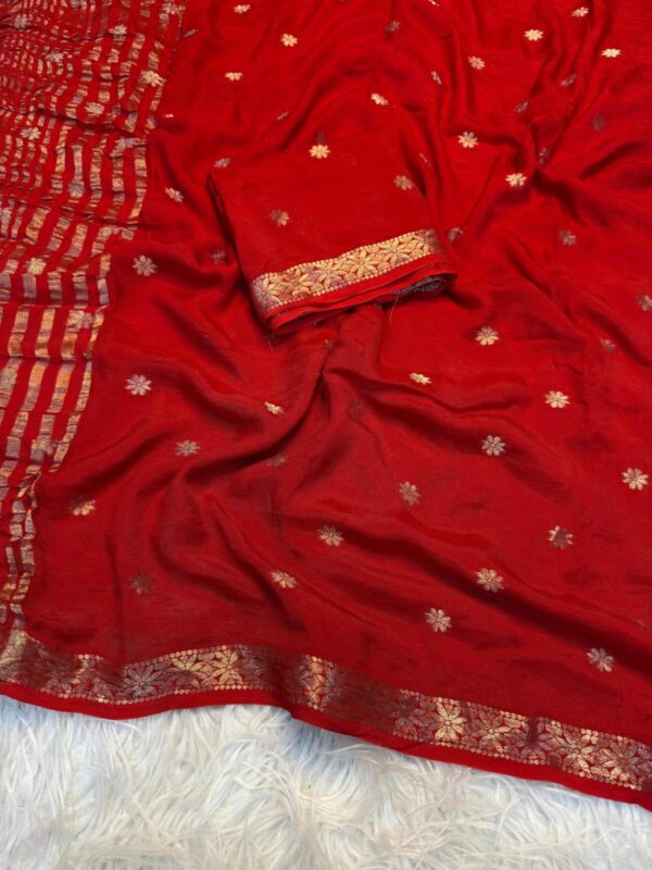 Chiffon Saree with Gold Zari Floral Motifs | Party Wear | unstitched Blouse - Image 5