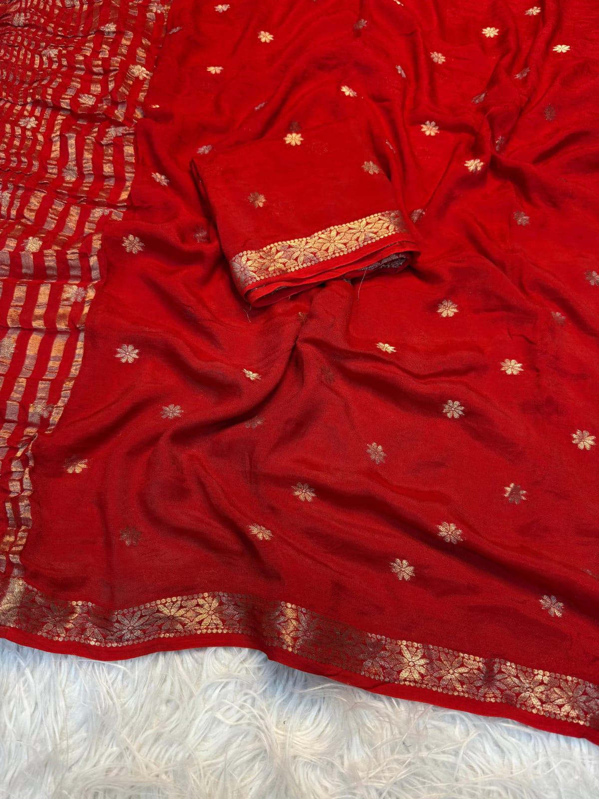 Chiffon Saree with Gold Zari Floral Motifs | Party Wear | unstitched Blouse - Image 5