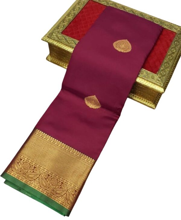 Warm Silk Saree with Zari Border, Kanjeevaram Style - Rani Pink, Sky Blue, Navy Blue, Maroon, Purple Variations - Image 3
