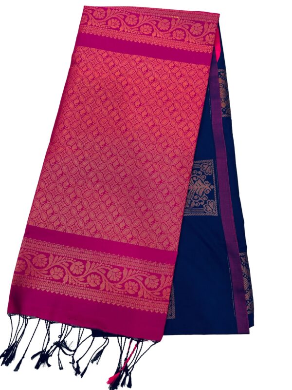 Royal Blue Pink Kanchipuram Style Silk Saree, Contrast Hot Pink Zari Border Saree, Traditional South Indian Wedding Saree, Party Wear - Image 4