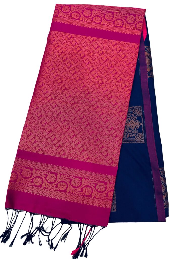 Royal Blue Pink Kanchipuram Style Silk Saree, Contrast Hot Pink Zari Border Saree, Traditional South Indian Wedding Saree, Party Wear
