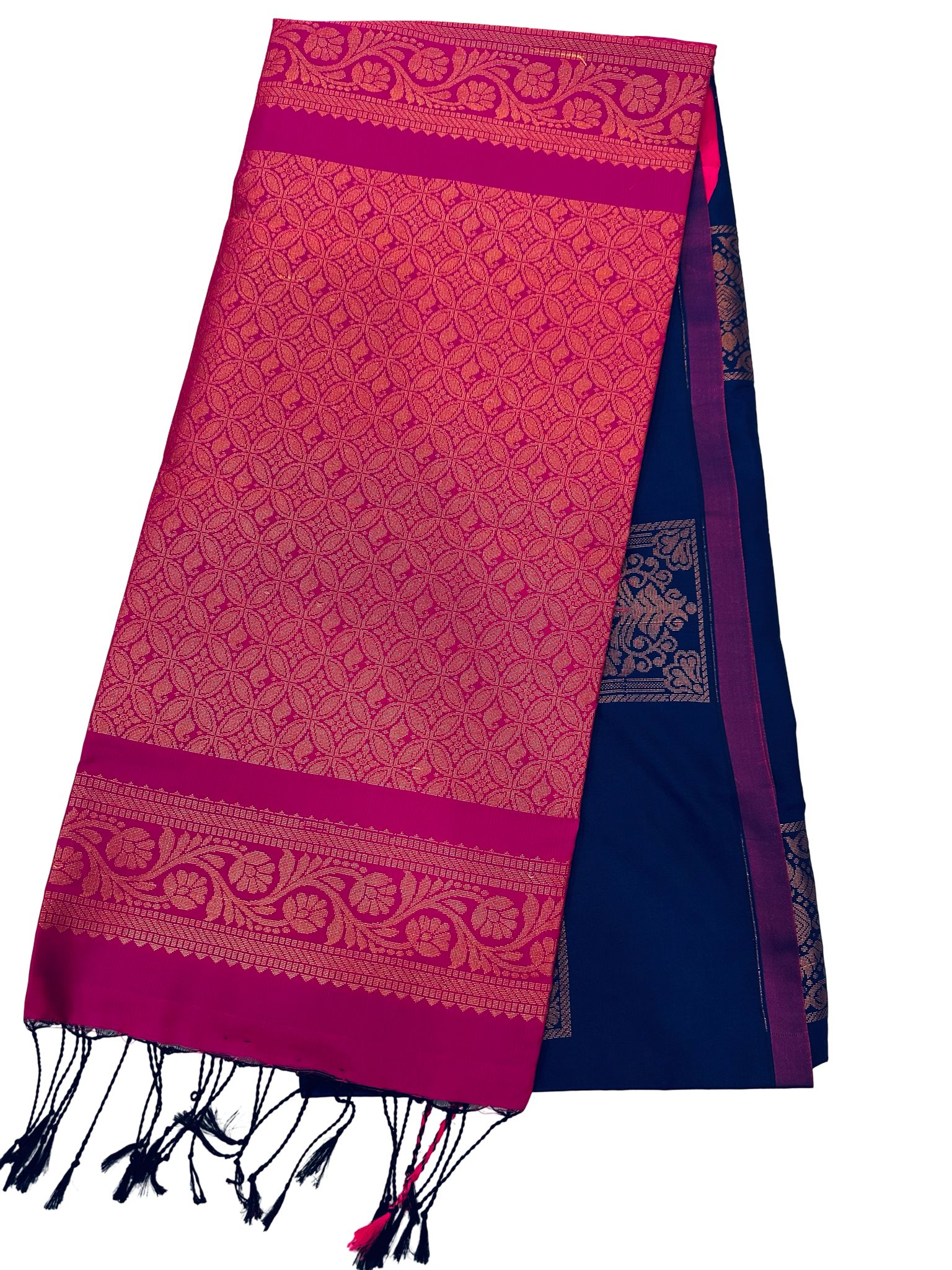 Royal Blue Pink Kanchipuram Style Silk Saree, Contrast Hot Pink Zari Border Saree, Traditional South Indian Wedding Saree, Party Wear - Image 4