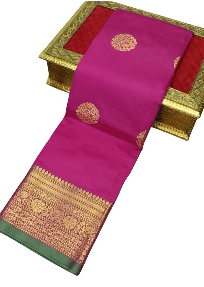 Warm Silk Saree with Zari Border, Kanjeevaram Style - Rani Pink, Sky Blue, Navy Blue, Maroon, Purple Variations - Image 4