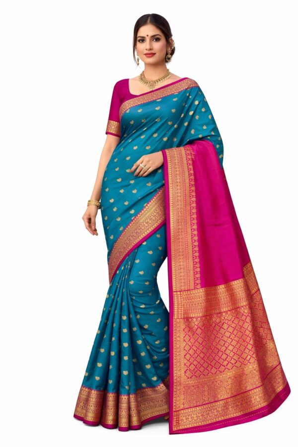Teal Kanchipuram Semi Silk Saree Pink Zari Border Rich Pallu Traditional South Indian Wedding Saree Party Wear