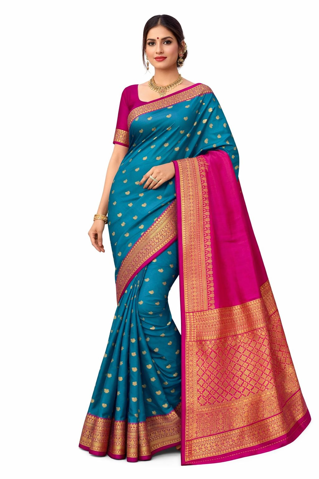 Teal Kanchipuram Semi Silk Saree Pink Zari Border Rich Pallu Traditional South Indian Wedding Saree Party Wear - Image 1