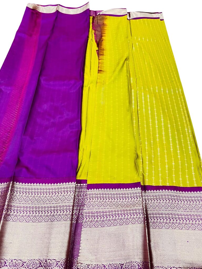 Kanchipuram Semi Silk Saree Green Yellow with Purple Border, Rich Zari Pallu Saree, South Indian Wedding, Traditional Festive Wear