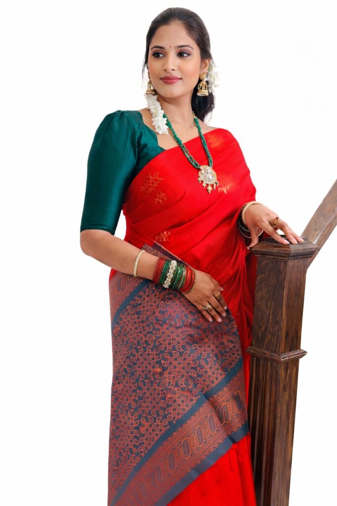 Red Kanchipuram Soft Silk Saree, Teal Brocade Pallu, Traditional Butta Design, Bridal Saree, South Indian Wedding Saree