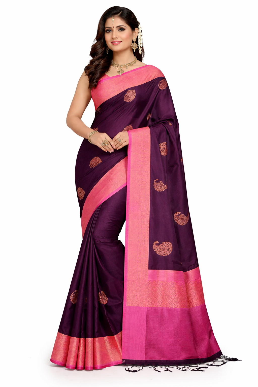 Plum Purple Soft Silk Saree with Pink Contrast Border, Copper Zari Paisley Butta Saree, Kanchipuram Style Silk Saree, Wedding Party Wear - Image 1