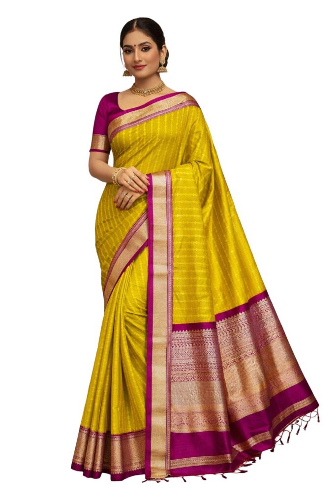 Kanchipuram Semi Silk Saree Green Yellow with Purple Border, Rich Zari Pallu Saree, South Indian Wedding, Traditional Festive Wear