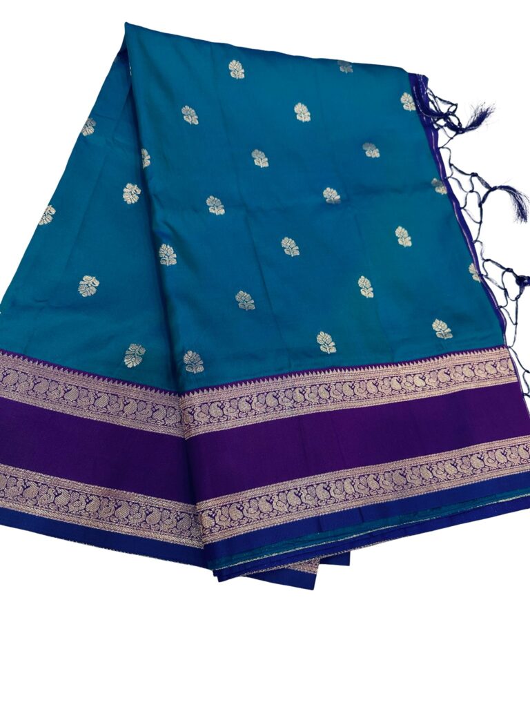 Teal Blue Silk Saree with Purple Border Blouse, Kanchipuram Style Saree, Traditional South Indian Saree, Zari Butta Saree