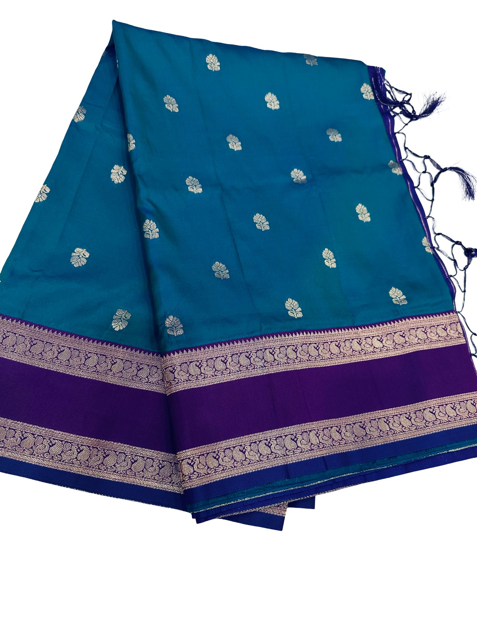 Teal Blue Silk Saree with Purple Border Blouse, Kanchipuram Style Saree, Traditional South Indian Saree, Zari Butta Saree - Image 2