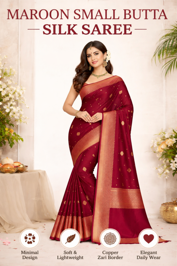 Maroon Kanchipuram Style Silk Saree with Rich Zari Border | Copper Zari Butta Saree | South Indian Wedding Saree | Festive Party Saree - Image 2