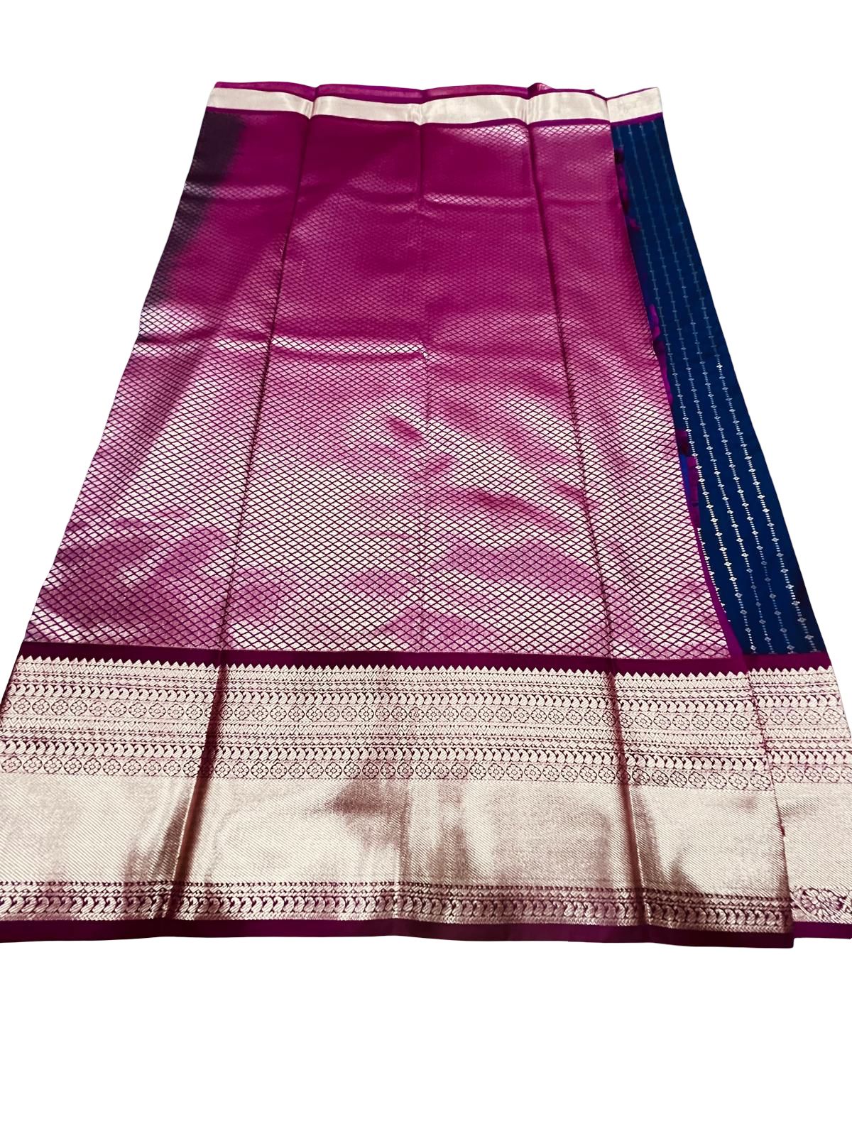 Royal Blue Kanchipuram Semi Silk Saree with Pink Zari Border | Traditional South Indian Wedding Saree | Rich Pallu | Festive Party Wear - Image 6