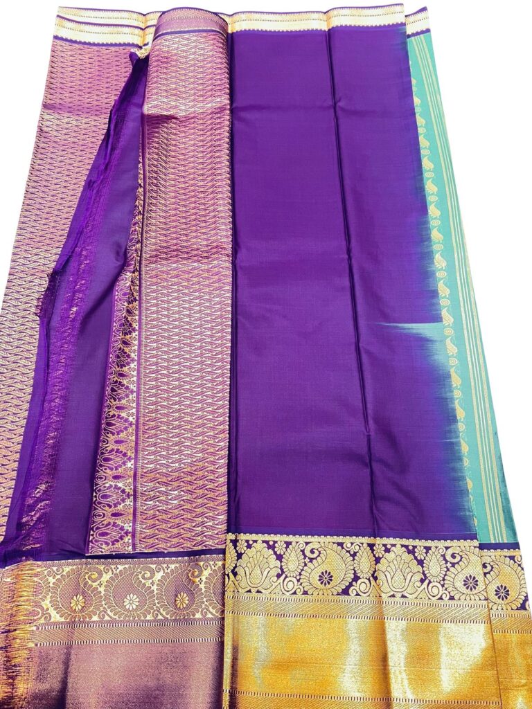 Kanchipuram Semi Silk Saree Green Purple, Temple Border Saree, South Indian Wedding Saree, Traditional Silk Saree, Festive Party Wear Saree