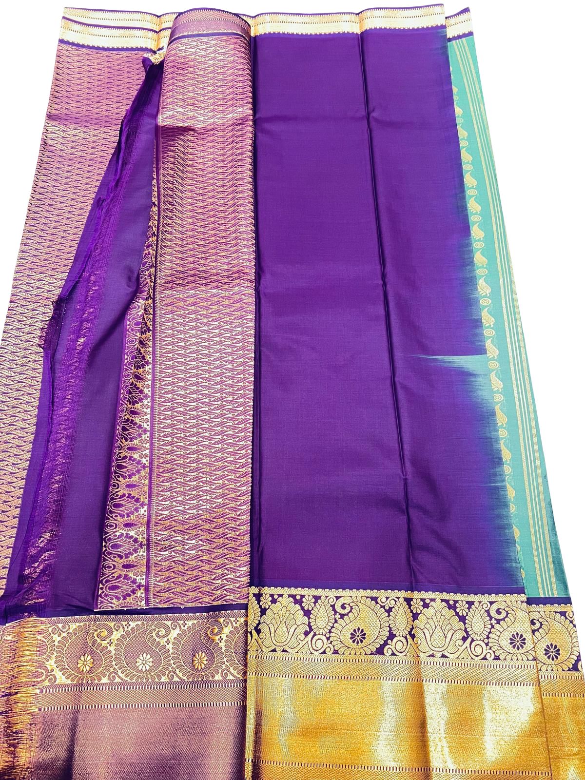 Kanchipuram Semi Silk Saree Green Purple, Temple Border Saree, South Indian Wedding Saree, Traditional Silk Saree, Festive Party Wear Saree - Image 4