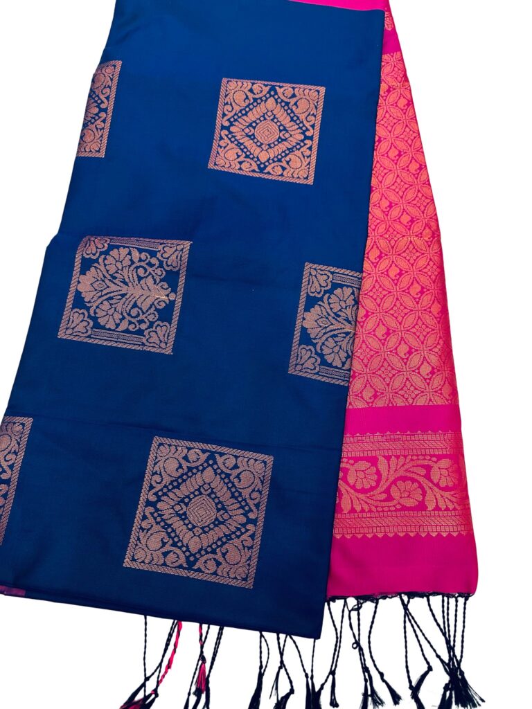 Royal Blue Pink Kanchipuram Style Silk Saree, Contrast Hot Pink Zari Border Saree, Traditional South Indian Wedding Saree, Party Wear