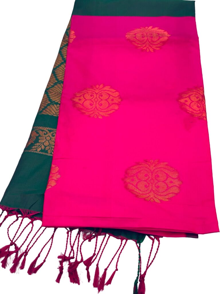 Hot Pink Soft Silk Saree with Green Zari Border, Kanchipuram Style Saree, Rani Pink Wedding Saree, Traditional South, Festive Party Wear