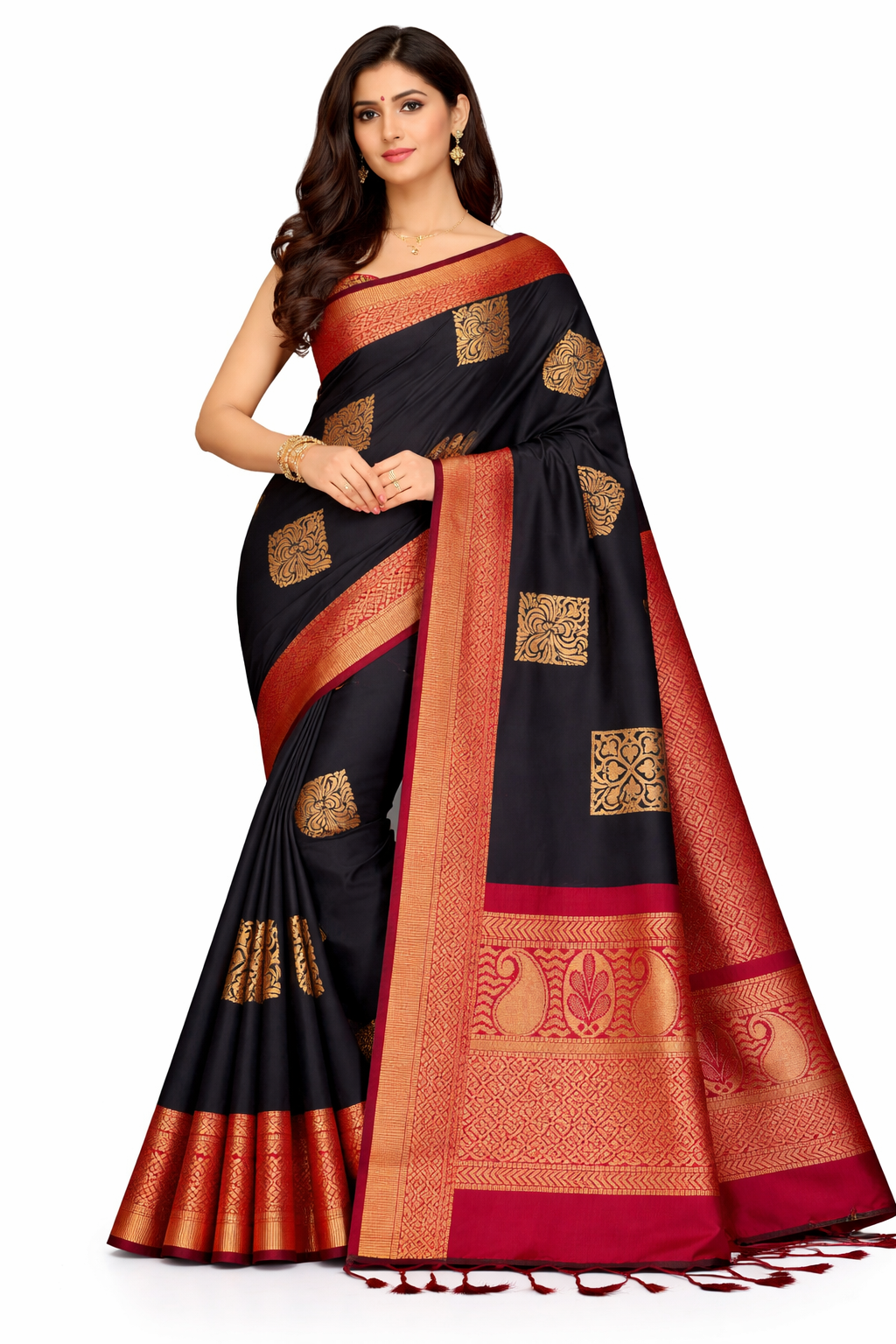 Black Silk Saree with Red Kanchipuram Border, Traditional South Indian Saree, Gold Zari Motif Saree, Festive Party Wear - Image 1