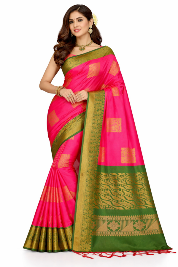 Rani Pink Silk Saree with Green Border | Kanchipuram Style Saree | Gold Zari Butta Saree | Traditional Wedding Festive Saree