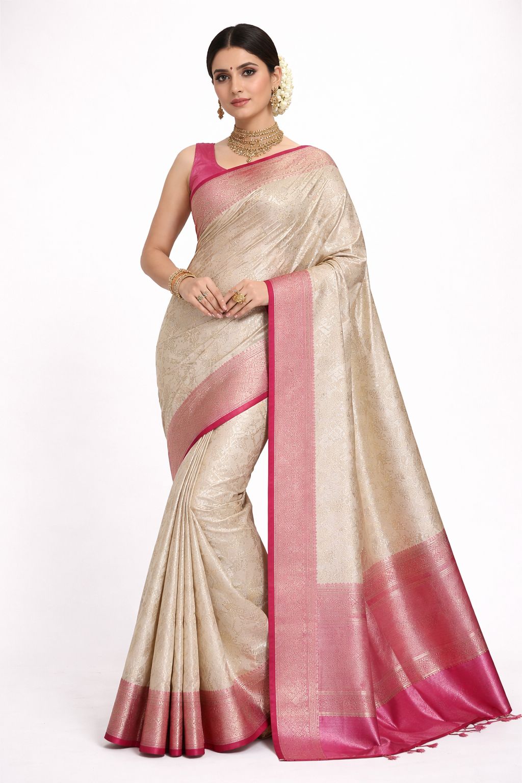 Bridal Soft Silk Saree Cream Pink | Wedding Kanchipuram Style Silk Saree | Gold Zari Border Traditional Indian Bridal Saree - Image 1