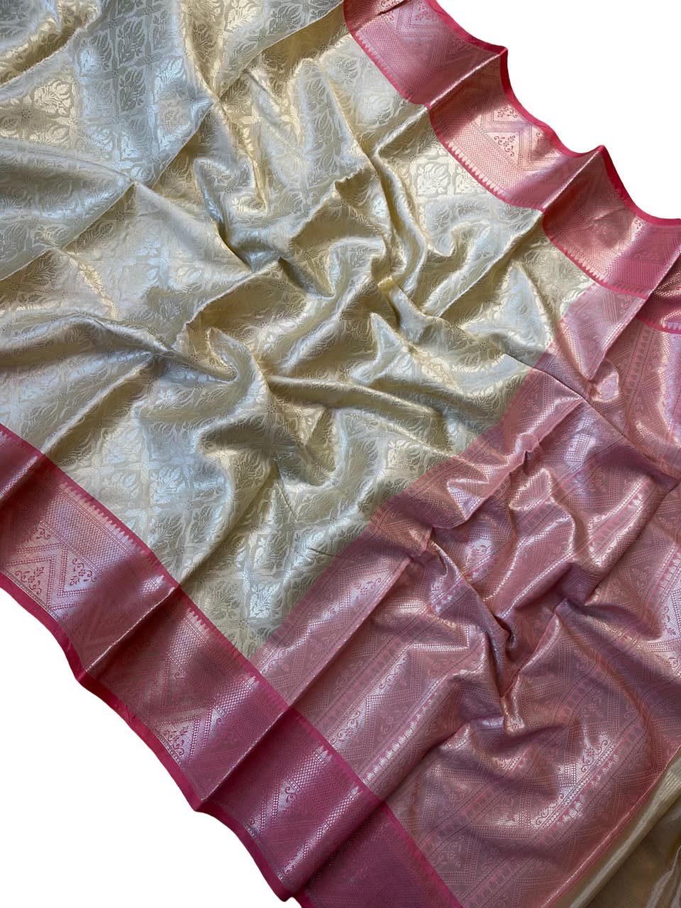 Bridal Soft Silk Saree Cream Pink | Wedding Kanchipuram Style Silk Saree | Gold Zari Border Traditional Indian Bridal Saree - Image 2