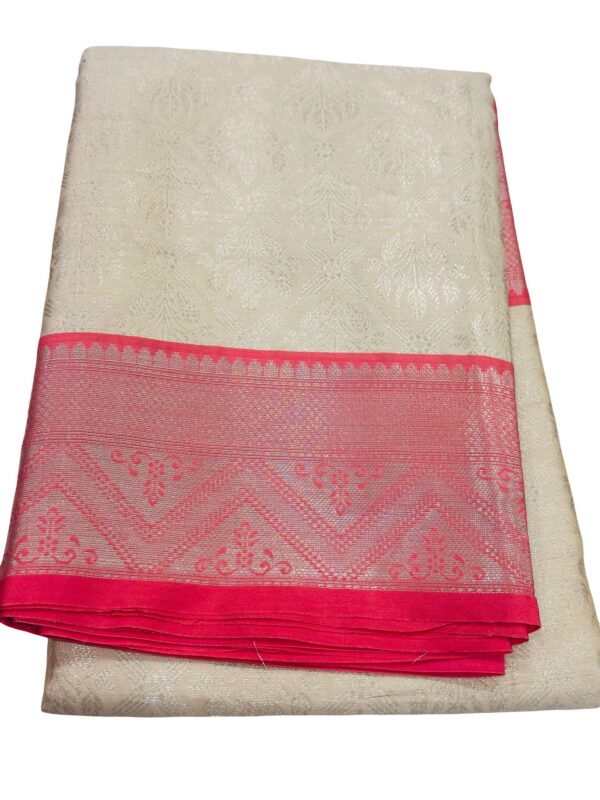 Bridal Soft Silk Saree Cream Pink | Wedding Kanchipuram Style Silk Saree | Gold Zari Border Traditional Indian Bridal Saree - Image 3