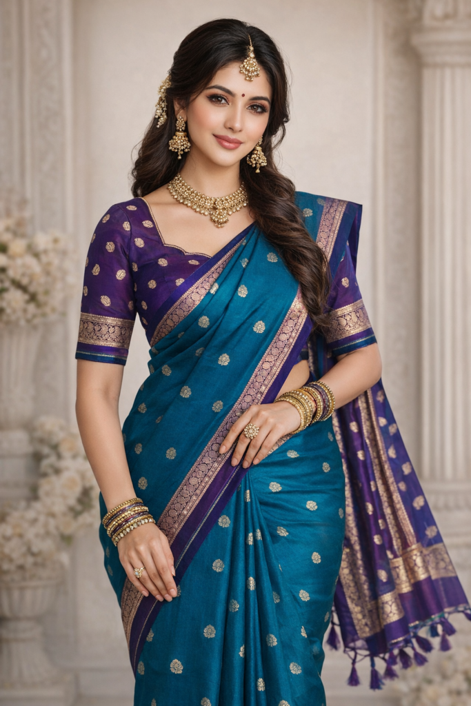 Teal Blue Silk Saree with Purple Border Blouse, Kanchipuram Style Saree, Traditional South Indian Saree, Zari Butta Saree