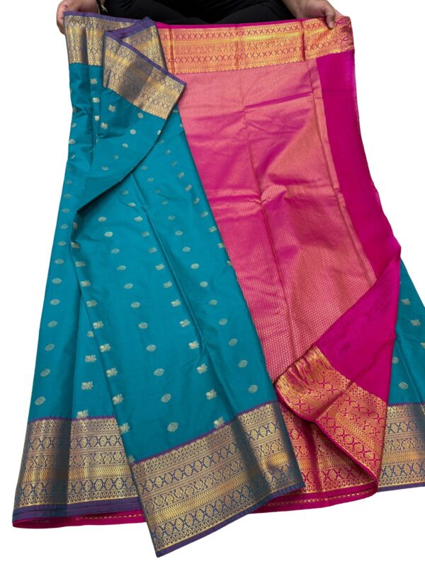 Teal Kanchipuram Semi Silk Saree Pink Zari Border Rich Pallu Traditional South Indian Wedding Saree Party Wear - Image 4