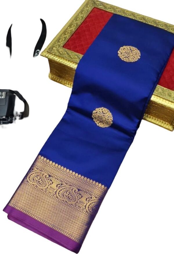 Warm Silk Saree with Zari Border, Kanjeevaram Style - Rani Pink, Sky Blue, Navy Blue, Maroon, Purple Variations - Image 11