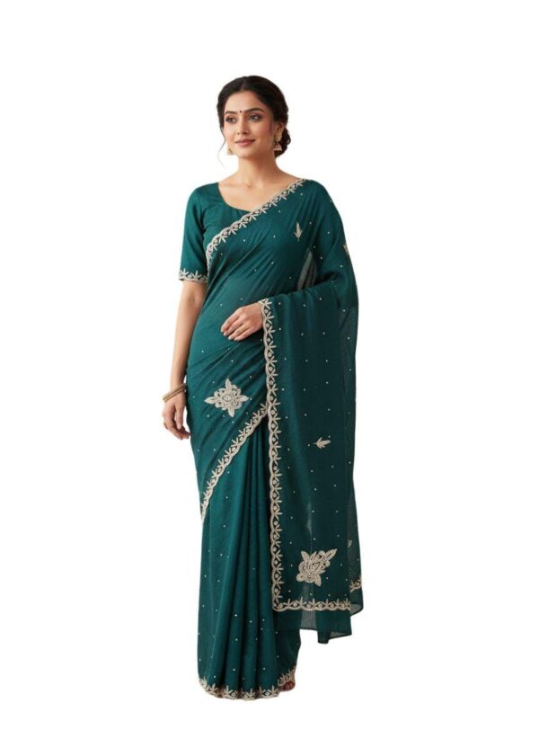 Designer saree with original Stone and Beads Work • Heavy Embroidery Border - Image 2