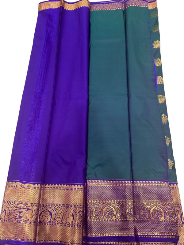 Peacock Green Kanchipuram Semi Silk Saree with Purple Border, Buttery Soft Silk Saree, Rich Zari Pallu, Traditional South, Festive Wear - Image 2