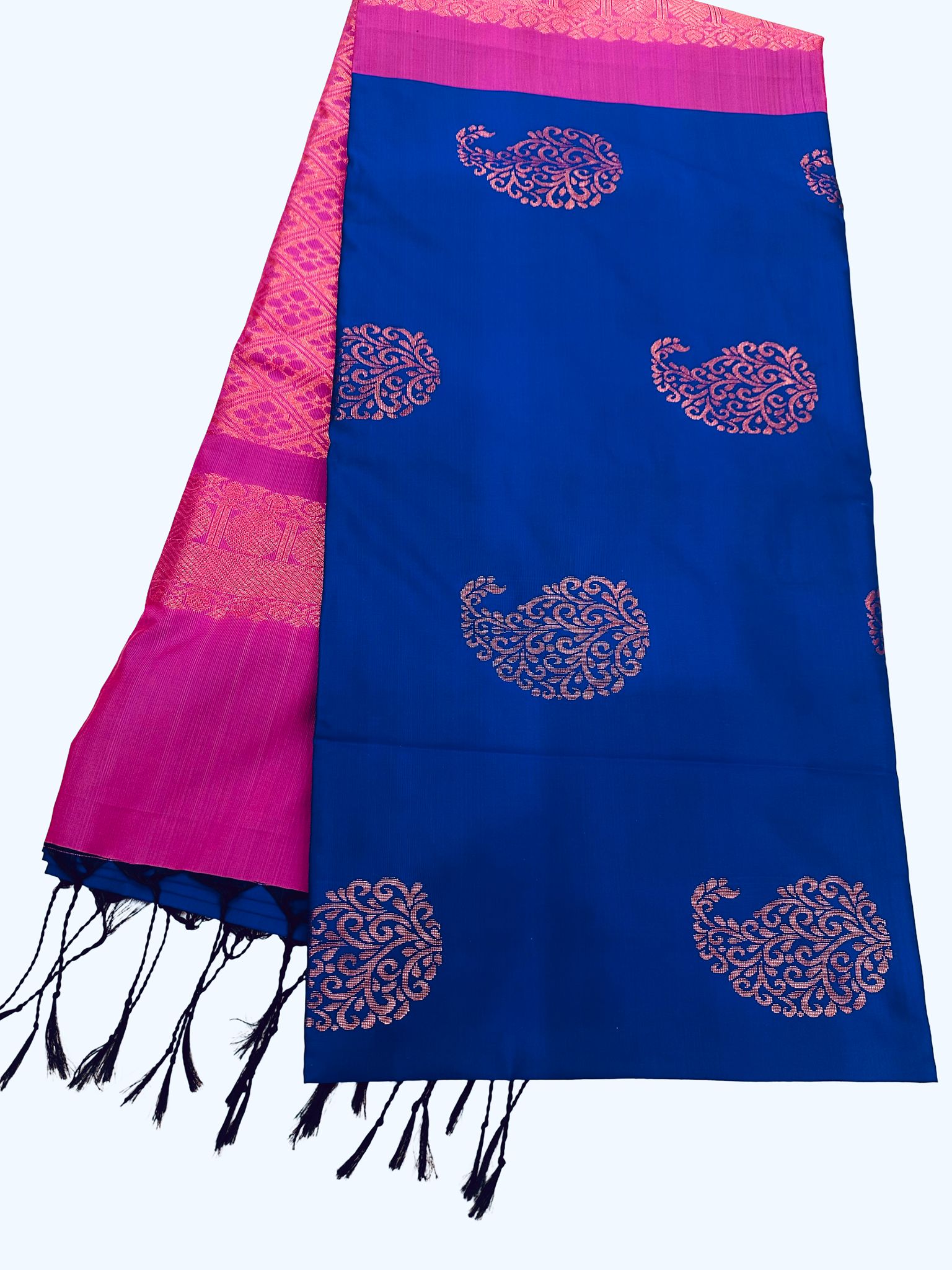 Plum Purple Soft Silk Saree with Pink Contrast Border, Copper Zari Paisley Butta Saree, Kanchipuram Style Silk Saree, Wedding Party Wear - Image 3