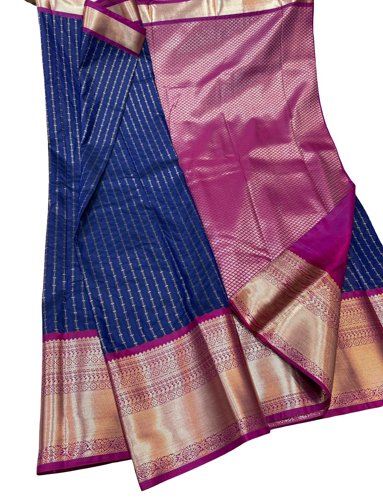Royal Blue Kanchipuram Semi Silk Saree with Pink Zari Border | Traditional South Indian Wedding Saree | Rich Pallu | Festive Party Wear - Image 4