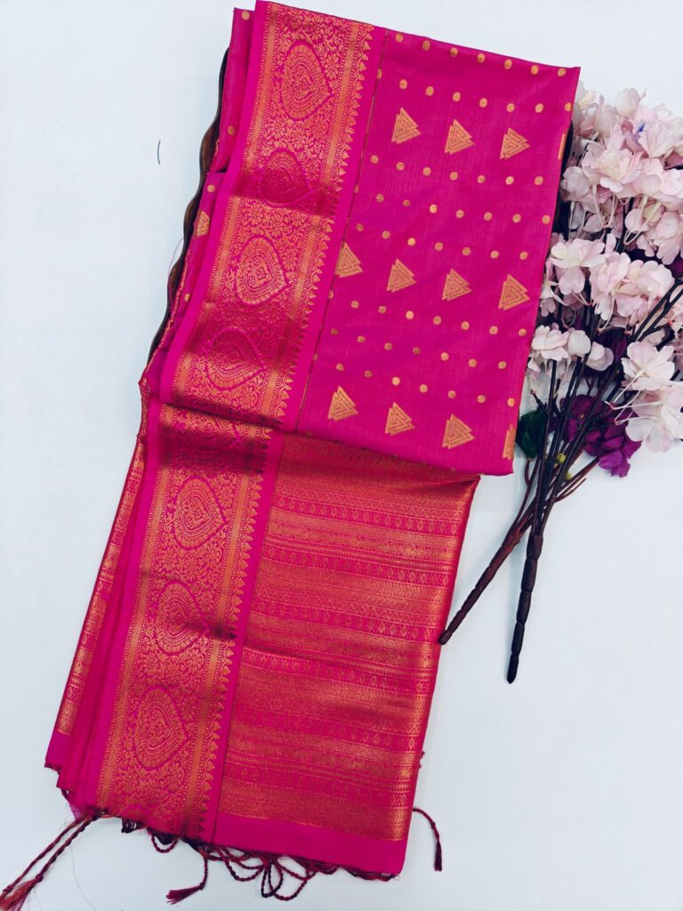 Rani Pink Kanchipuram Semi Silk Saree, Gold Zari Butta Saree, Triangle Motif Silk Saree, Wedding Party , Traditional South, Festive Wear