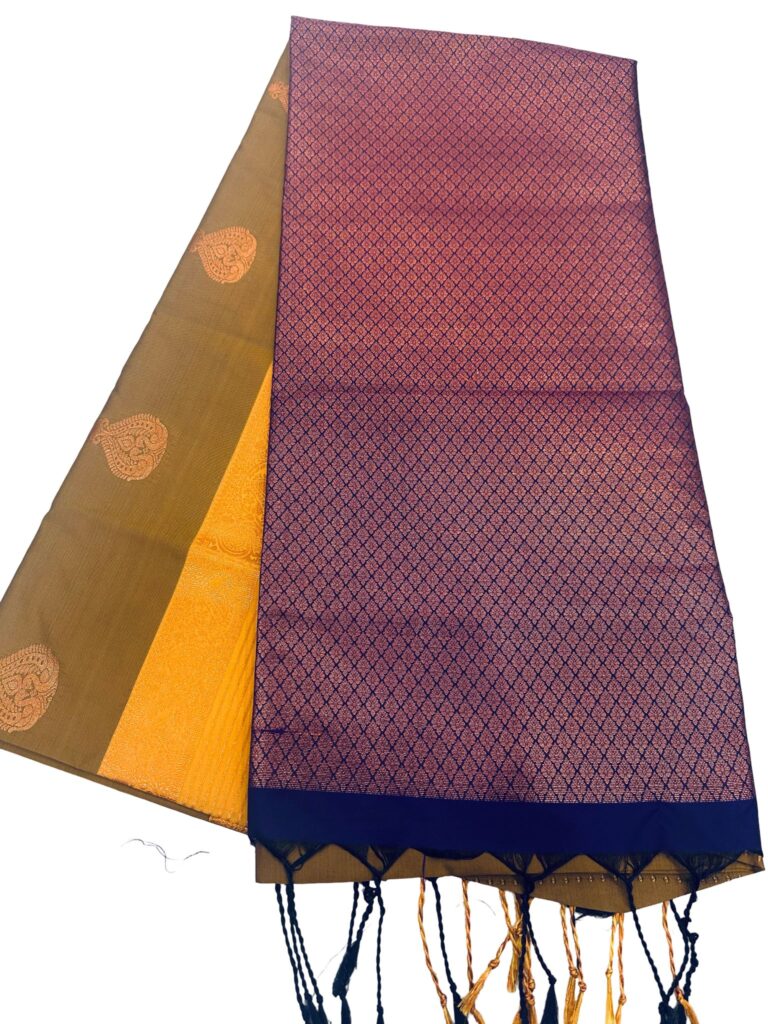 Mehendi Green Kanchipuram Style Silk Saree with Yellow Border & Purple Pallu | Copper Zari Butta Saree | Festive Saree