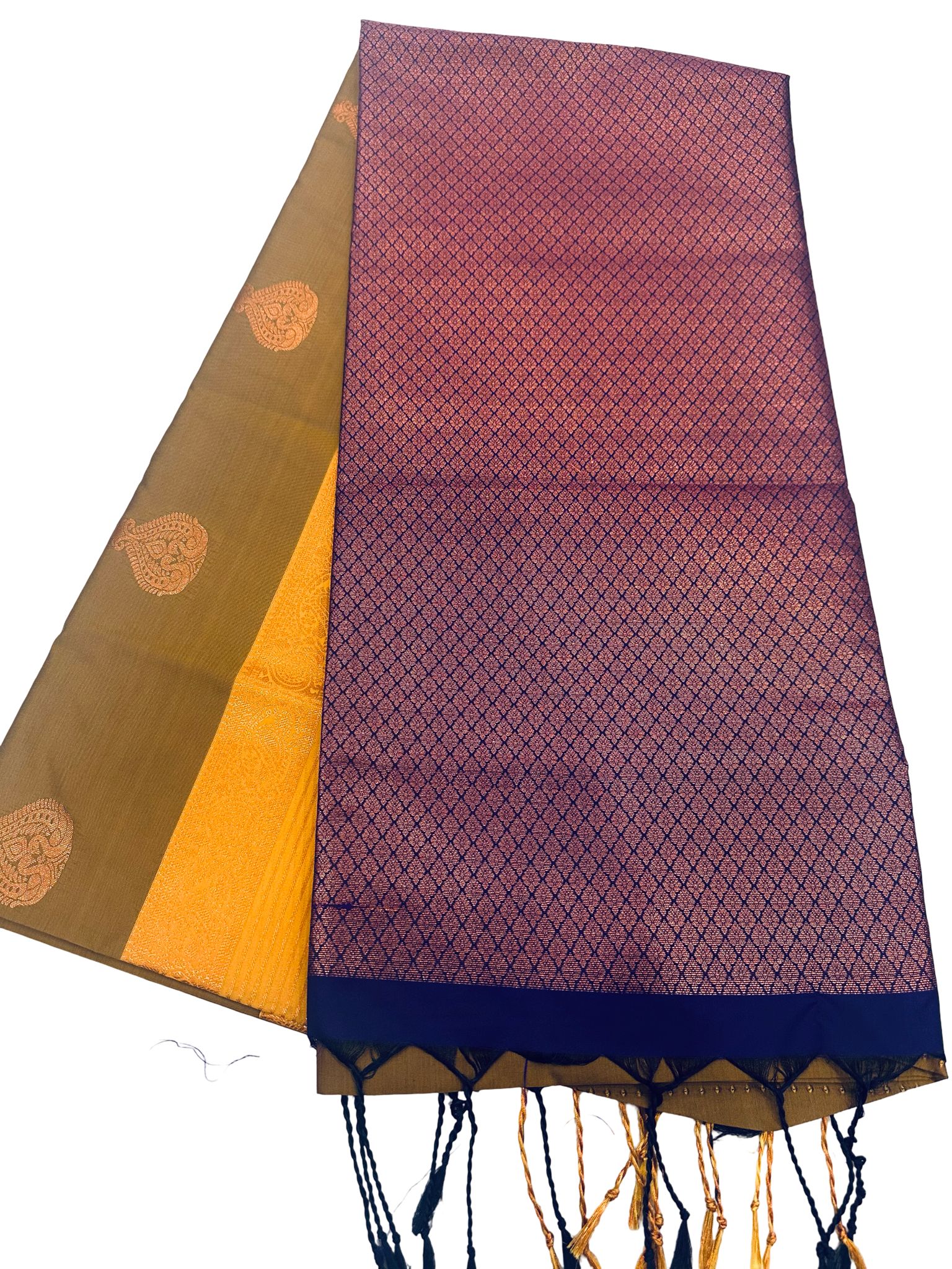 Mehendi Green Kanchipuram Style Silk Saree with Yellow Border & Purple Pallu | Copper Zari Butta Saree | Festive Saree - Image 5