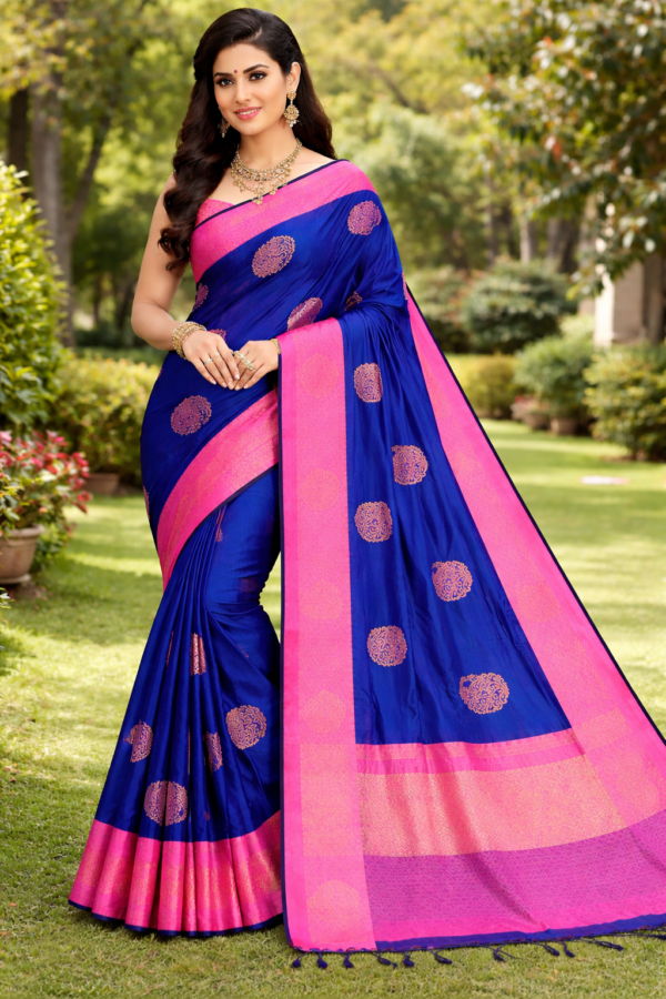 Royal Blue Borderless Saree with Pink Pallu | Soft Silk Saree | Paisley Butta | Lightweight Party Wear Saree | Wedding Ethnic Saree