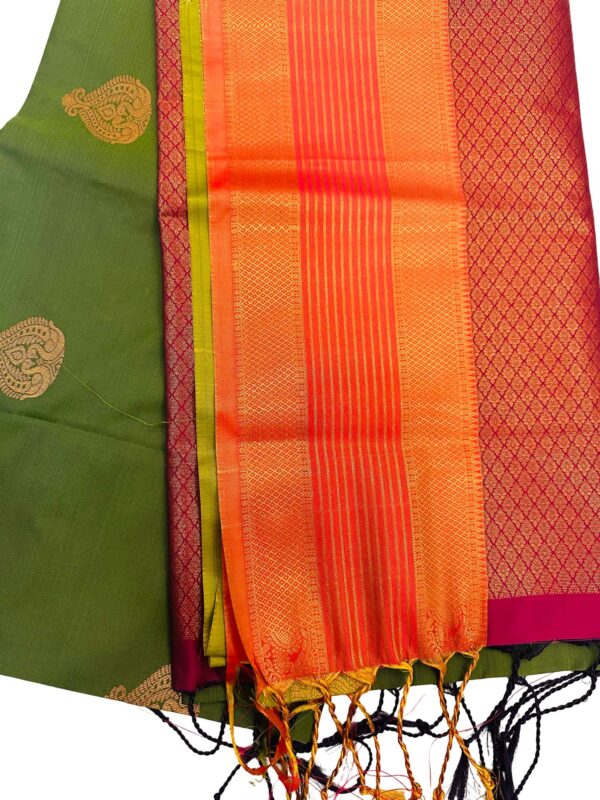 Green Silk Saree with Wine Pallu | Retta Petta Border Kanchipuram Style Saree | Gold Zari Butta Saree | Traditional Wedding Saree - Image 5