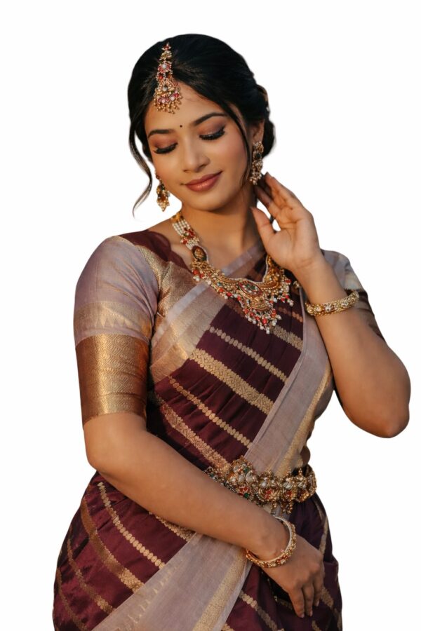 Kattan Silk Saree with Stitched Blouse | Wine Maroon Kanchipuram Style Saree | Bridal South Indian Saree | Wedding Party Wear - Image 8