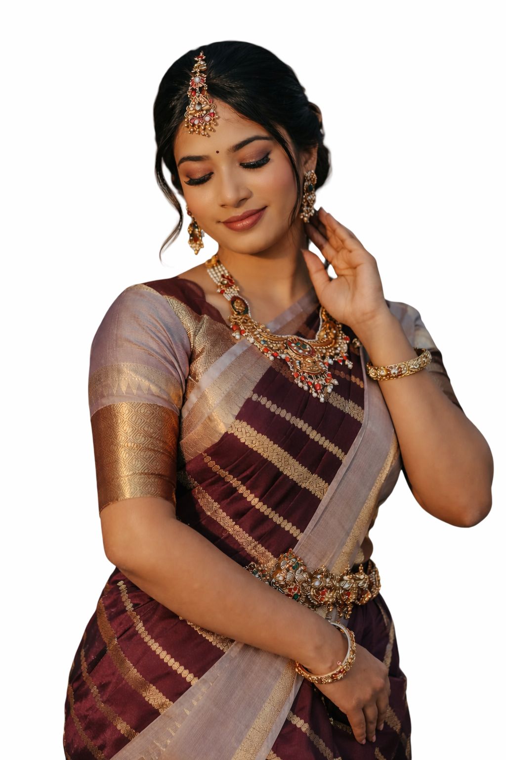 Kattan Silk Saree with Stitched Blouse | Wine Maroon Kanchipuram Style Saree | Bridal South Indian Saree | Wedding Party Wear - Image 8