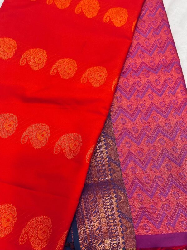Red Soft Silk Saree with Purple Zari Pallu, Traditional Paisley Butta Saree, Kanchipuram Style Silk Saree, Bridal Festive Indian Saree - Image 3