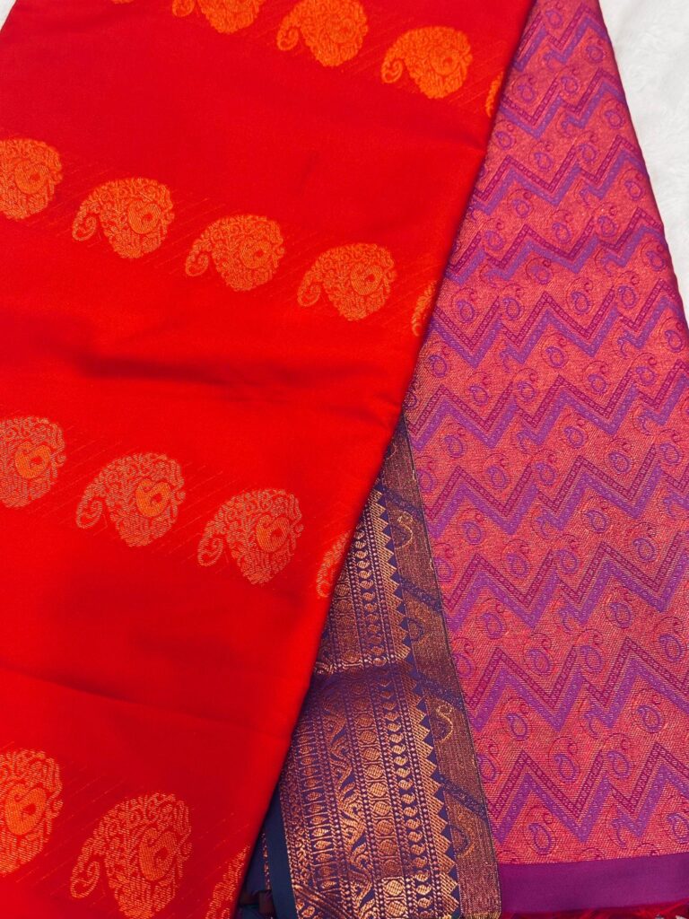Red Soft Silk Saree with Purple Zari Pallu, Traditional Paisley Butta Saree, Kanchipuram Style Silk Saree, Bridal Festive Indian Saree