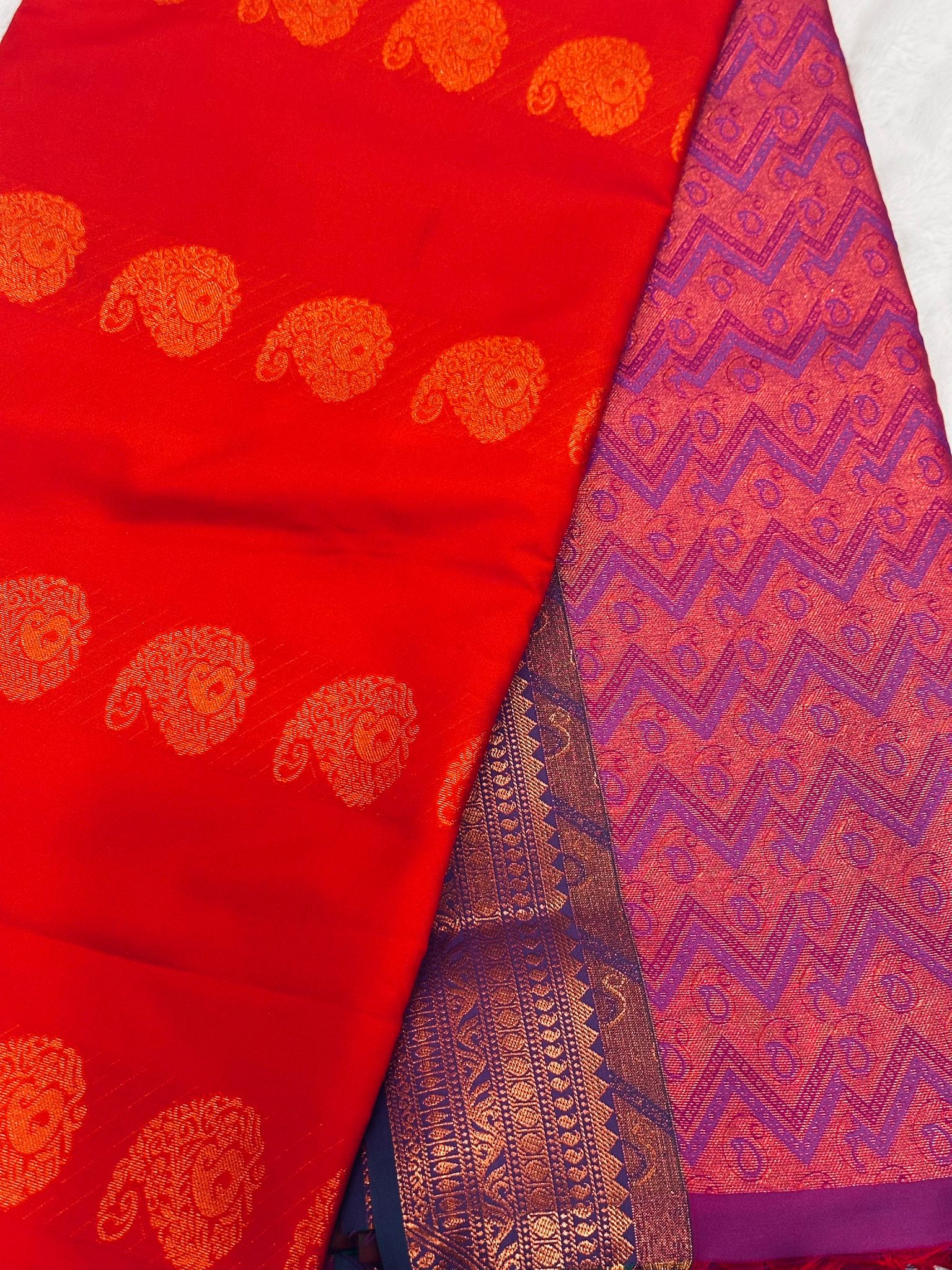 Red Soft Silk Saree with Purple Zari Pallu, Traditional Paisley Butta Saree, Kanchipuram Style Silk Saree, Bridal Festive Indian Saree - Image 3