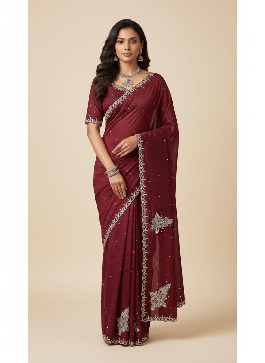 Designer saree with original Stone and Beads Work • Heavy Embroidery Border - Image 1
