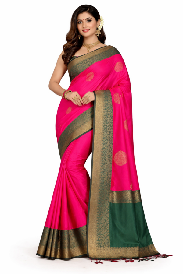 Hot Pink Soft Silk Saree with Green Zari Border, Kanchipuram Style Saree, Rani Pink Wedding Saree, Traditional South, Festive Party Wear