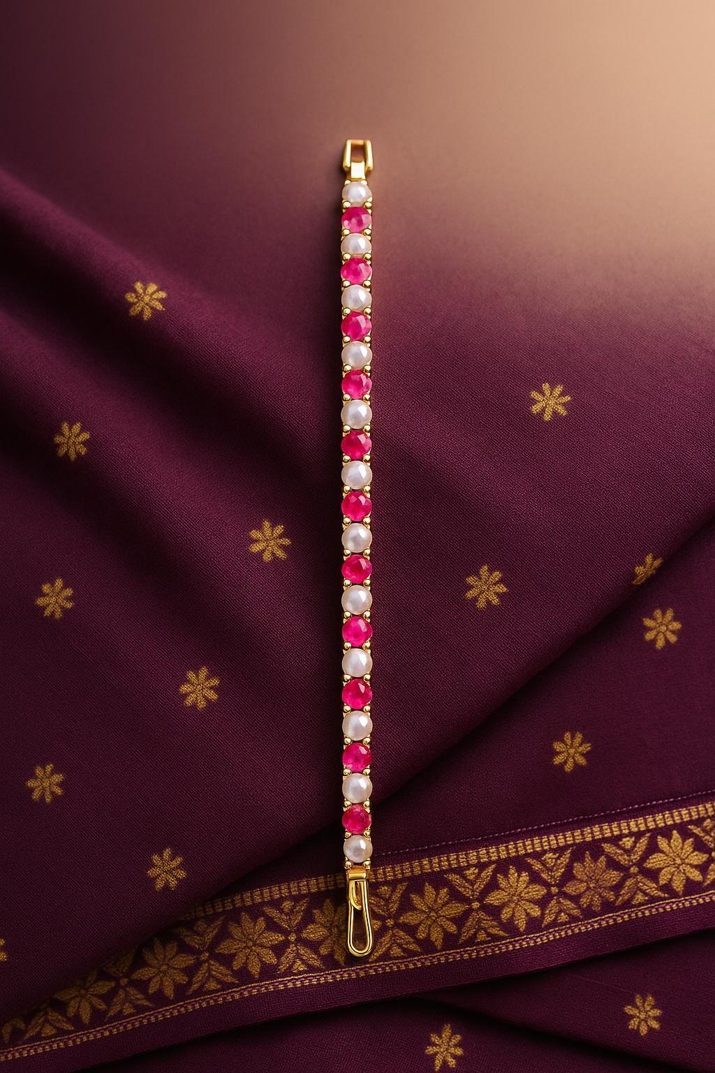 CZ Diamond & Ruby Bracelet | Gold Plated Floral Design - Image 3