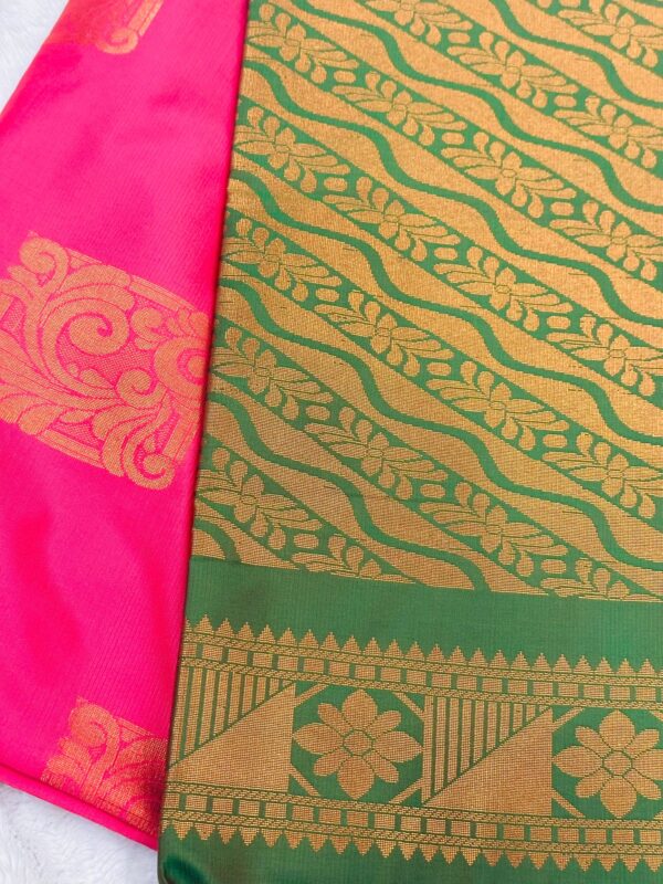 Rani Pink Silk Saree with Green Border | Kanchipuram Style Saree | Gold Zari Butta Saree | Traditional Wedding Festive Saree - Image 5
